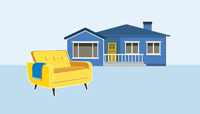 illustration of a yellow chair and a blue house