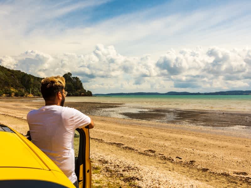 A young man on a road trip, looking out at a beach in New Zealand.