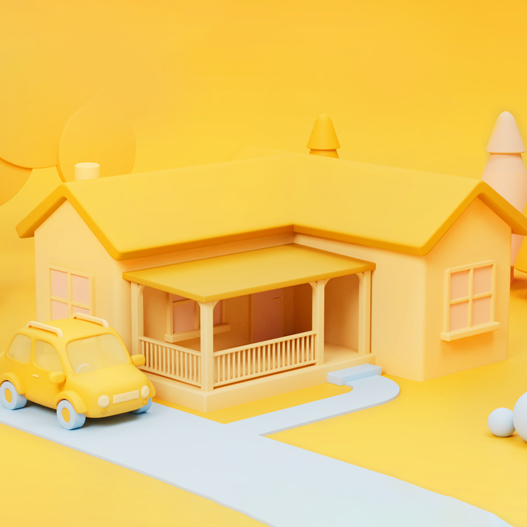 Cartoon pic of yellow car outside yellow house.
