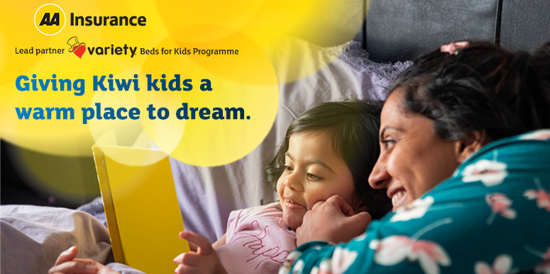 Image of a mother and child in bed reading a book. A logo reads AA Insurance, lead partner of Variety - the Children's Charity's Beds for Kids Programme. A heading reads 'Giving Kiwi kids a warm place to dream.'