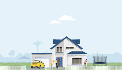 illustration of a home in blue with a yellow car in the park