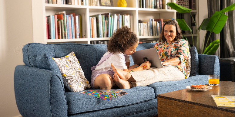woman and child on couch