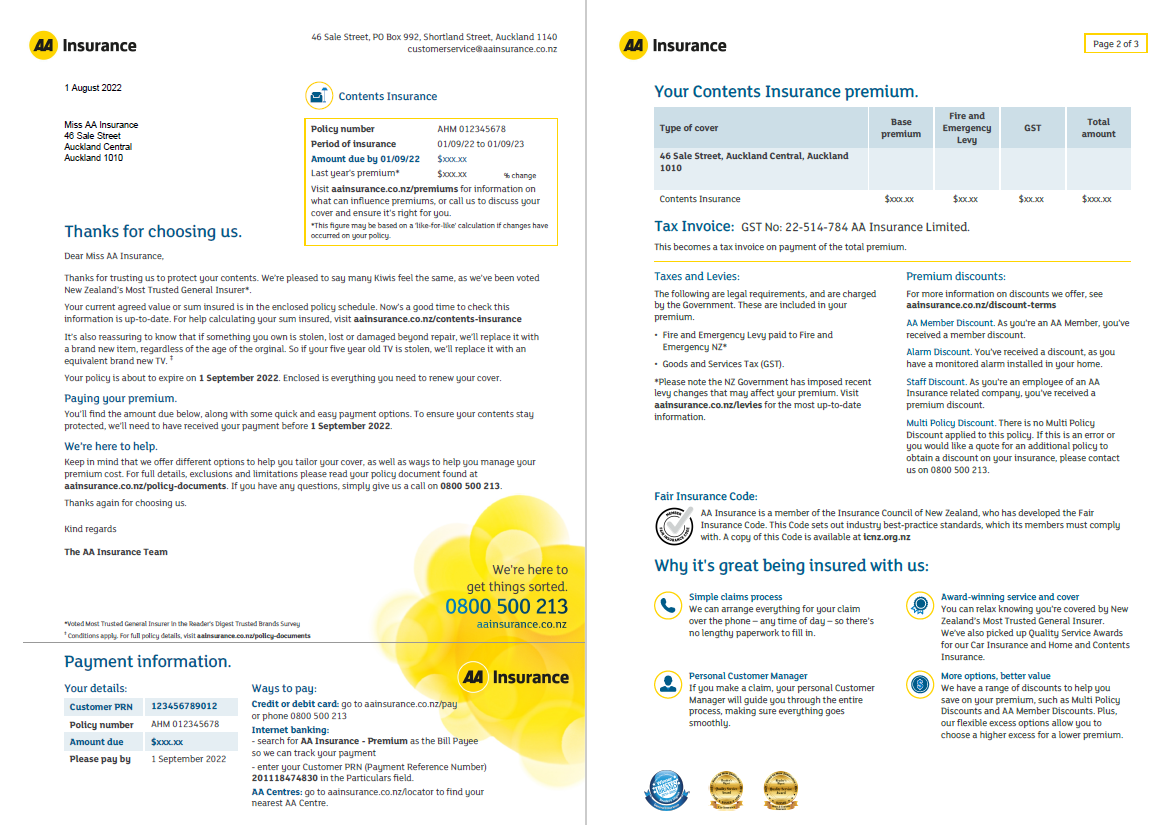 An example of a policy letter for contents insurance.