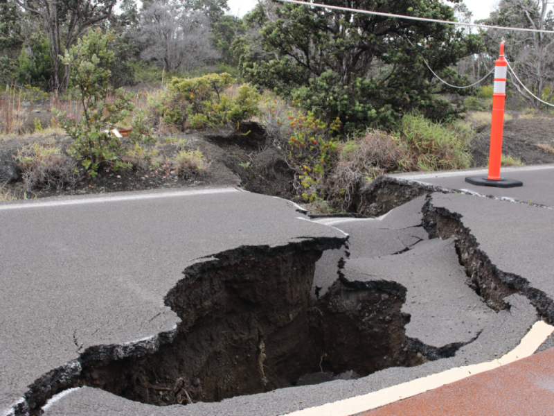 A road damaged after an earthquake.
