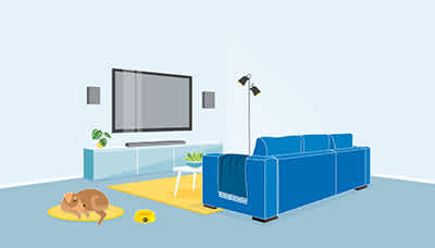 Illustrated lounge in blue and yellow